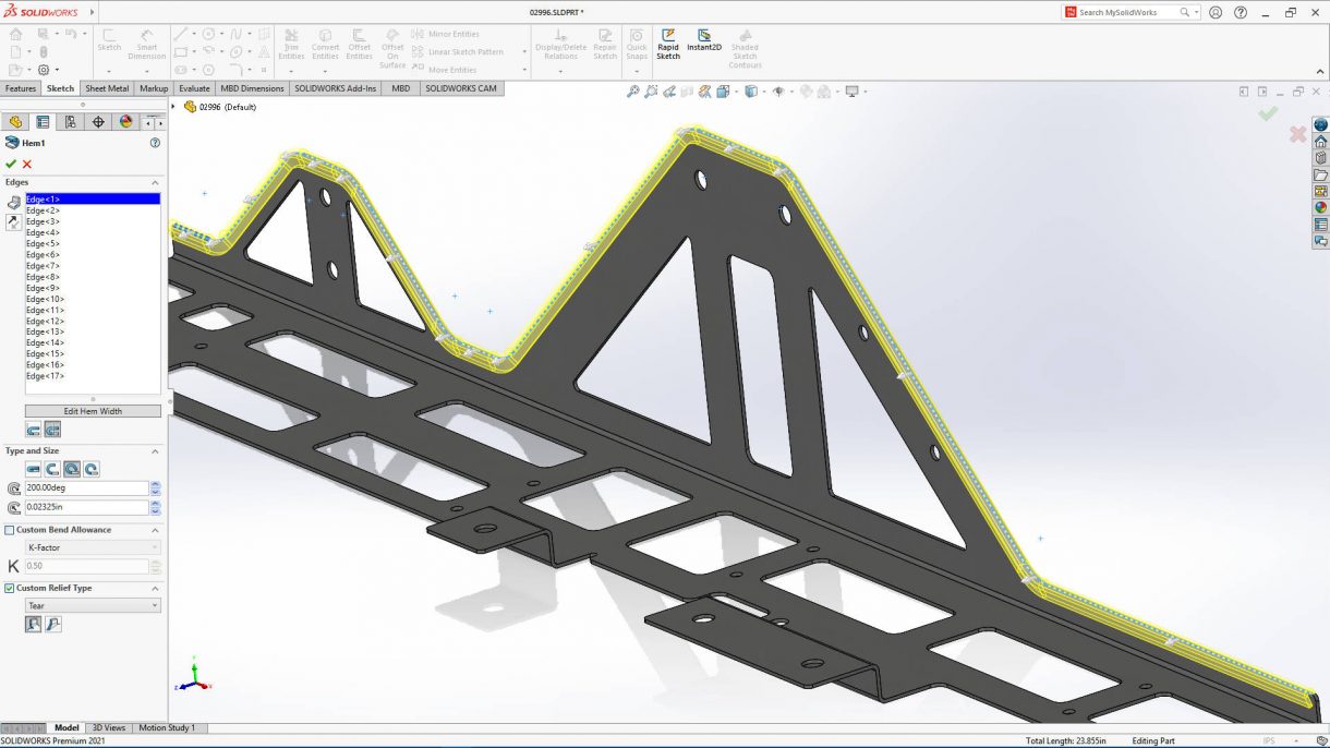 SOLIDWORKS 2021柔性零件设计，具有改进的边缘凸缘