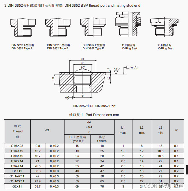  DIN 3852英管螺纹油口及相配柱端 DIN 3852 BSP thread port and mating stud end