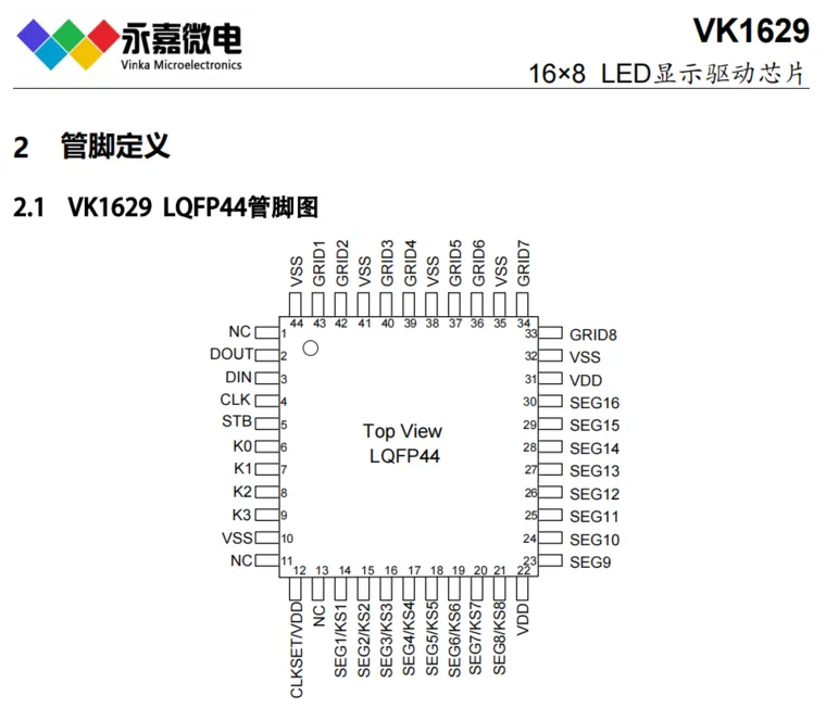 VK1629 LQFP44数显屏驱动芯片抗干扰数码管驱动IC点阵LED驱动 永嘉原厂FAE支持的图2