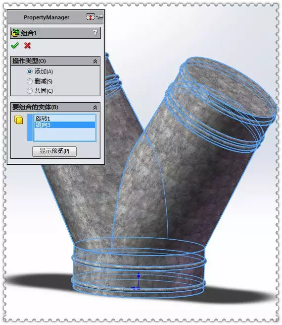 用SolidWorks实体建模的裤型三通管的图15